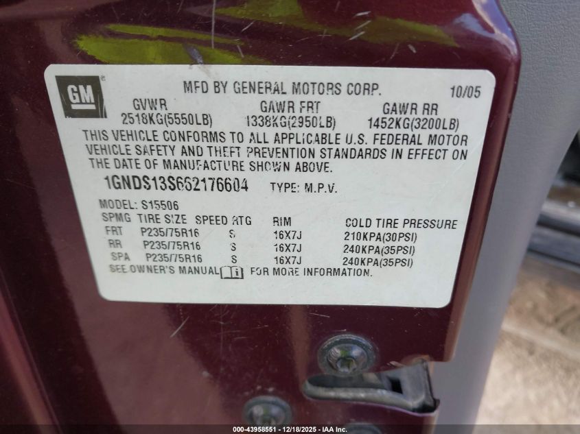 2006 Chevrolet Trailblazer Ls VIN: 1GNDS13S662176604 Lot: 43958551