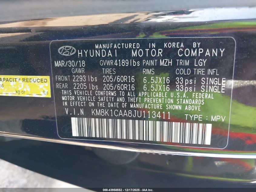 2018 Hyundai Kona Se VIN: KM8K1CAA8JU113411 Lot: 43958552