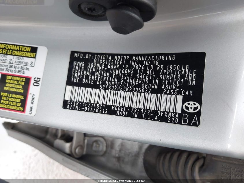 2019 Toyota Corolla Le VIN: 5YFBURHE8KP905032 Lot: 43958554