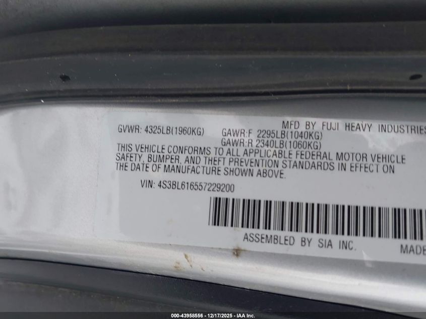 2005 Subaru Legacy 2.5I VIN: 4S3BL616557229200 Lot: 43958556