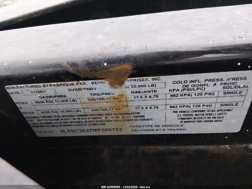 2020 Behnke 26' Utility Trailer VIN: 4L5SC2627MF056762 Lot: 43958559