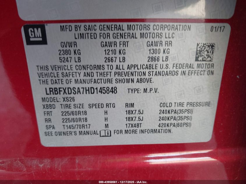 2017 Buick Envision Essence VIN: LRBFXDSA7HD145848 Lot: 43958561