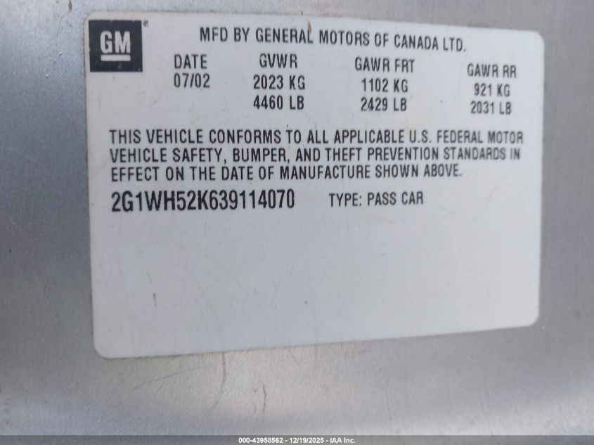 2003 Chevrolet Impala Ls VIN: 2G1WH52K639114070 Lot: 43958562