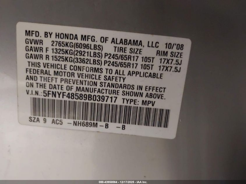 2009 Honda Pilot Ex-L VIN: 5FNYF48589B039717 Lot: 43958564