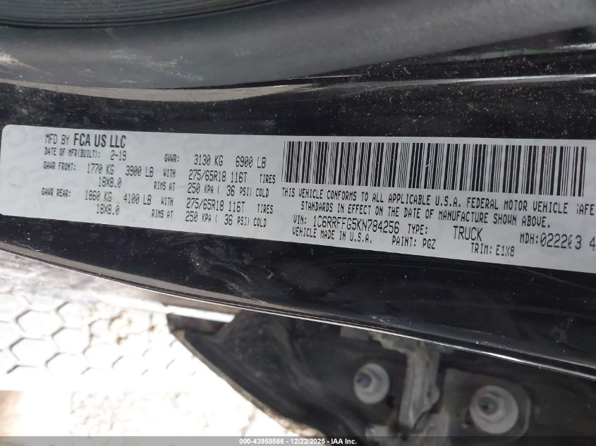 2019 Ram 1500 Big Horn/Lone Star 4X4 5'7 Box VIN: 1C6RRFFG5KN784256 Lot: 43958566