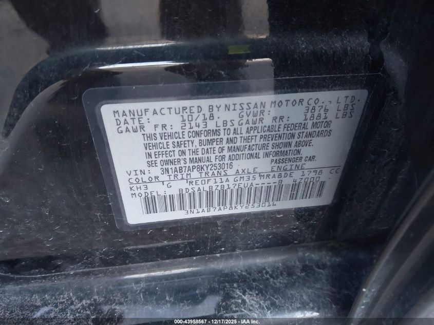 2019 Nissan Sentra S VIN: 3N1AB7AP8KY253016 Lot: 43958567