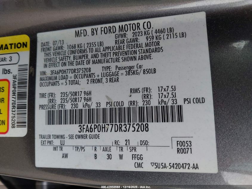 2013 Ford Fusion Se VIN: 3FA6P0H77DR375208 Lot: 43958568