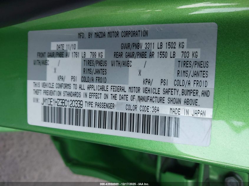 2011 Mazda Mazda2 Sport VIN: JM1DE1HZ3B0120339 Lot: 43958569