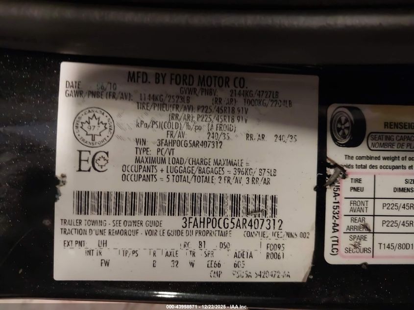 2010 Ford Fusion Sel VIN: 3FAHP0CG5AR407312 Lot: 43958571