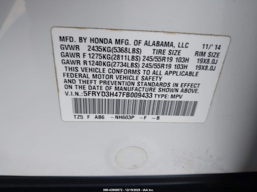 2015 Acura Mdx Technology Package VIN: 5FRYD3H47FB009433 Lot: 43958572