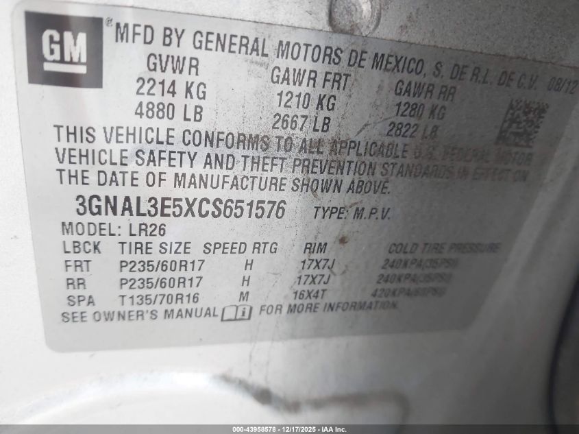 2012 Chevrolet Captiva Sport Lt VIN: 3GNAL3E5XCS651576 Lot: 43958578