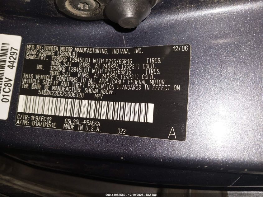 2007 Toyota Sienna Le VIN: 5TDZK23CX7S006320 Lot: 43958580