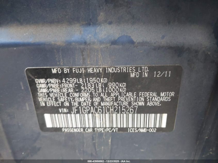 2012 Subaru Impreza 2.0I Premium VIN: JF1GPAC61CH215267 Lot: 43958582