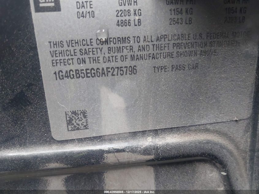 2010 Buick Lacrosse Cx VIN: 1G4GB5EG6AF275796 Lot: 43958585