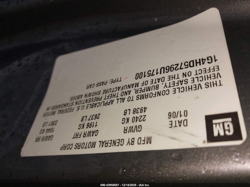 2006 Buick Lucerne Cxl VIN: 1G4HD57296U175100 Lot: 43958587