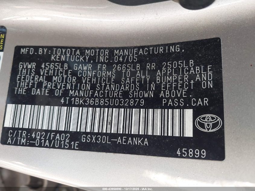 2005 Toyota Avalon Xl VIN: 4T1BK36B85U032879 Lot: 43958590