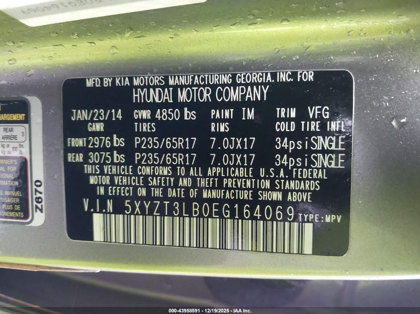 2014 Hyundai Santa Fe Sport 2.4L VIN: 5XYZT3LB0EG164069 Lot: 43958591