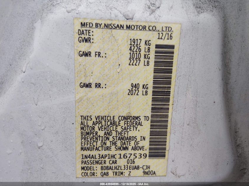 2017 Nissan Altima 2.5 Sr VIN: 1N4AL3AP1HC167539 Lot: 43958595