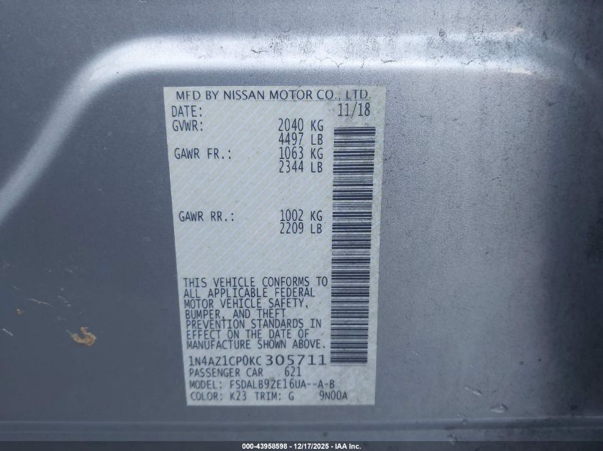 2019 Nissan Leaf S VIN: 1N4AZ1CP0KC305711 Lot: 43958598