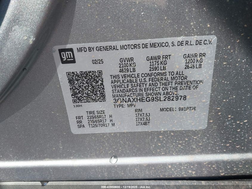 2025 Chevrolet Equinox Fwd Lt VIN: 3GNAXHEG9SL282978 Lot: 43958600