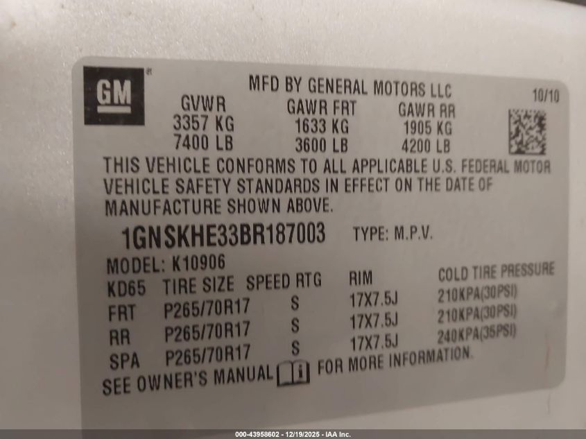 2011 Chevrolet Suburban 1500 Ls VIN: 1GNSKHE33BR187003 Lot: 43958602