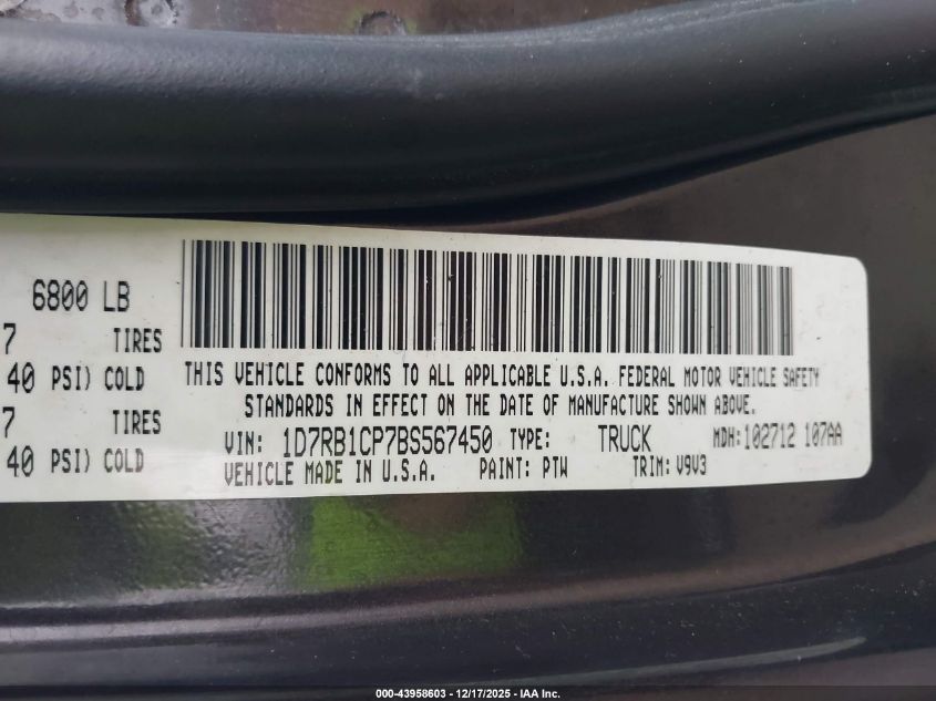 2011 Ram Ram 1500 St VIN: 1D7RB1CP7BS567450 Lot: 43958603
