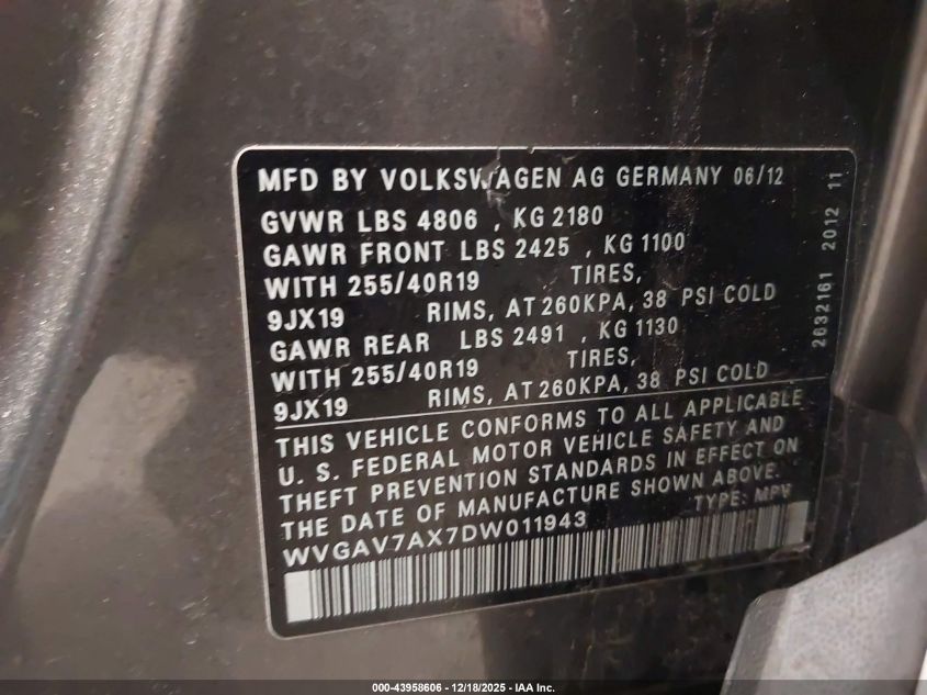 2013 Volkswagen Tiguan Sel VIN: WVGAV7AX7DW011943 Lot: 43958606