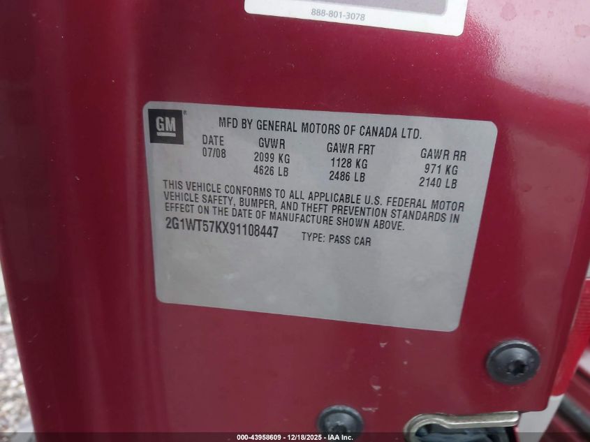 2009 Chevrolet Impala Lt VIN: 2G1WT57KX91108447 Lot: 43958609