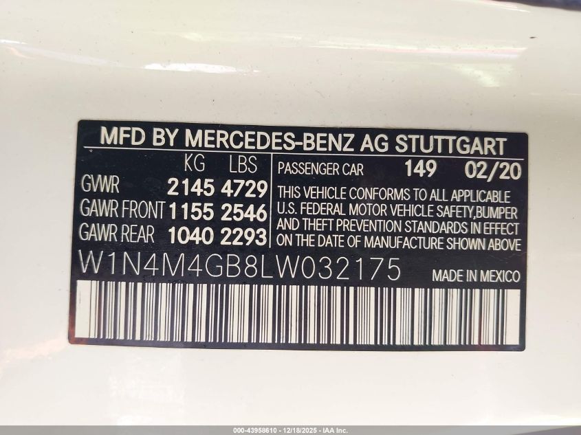 2020 Mercedes-Benz Glb 250 VIN: W1N4M4GB8LW032175 Lot: 43958610