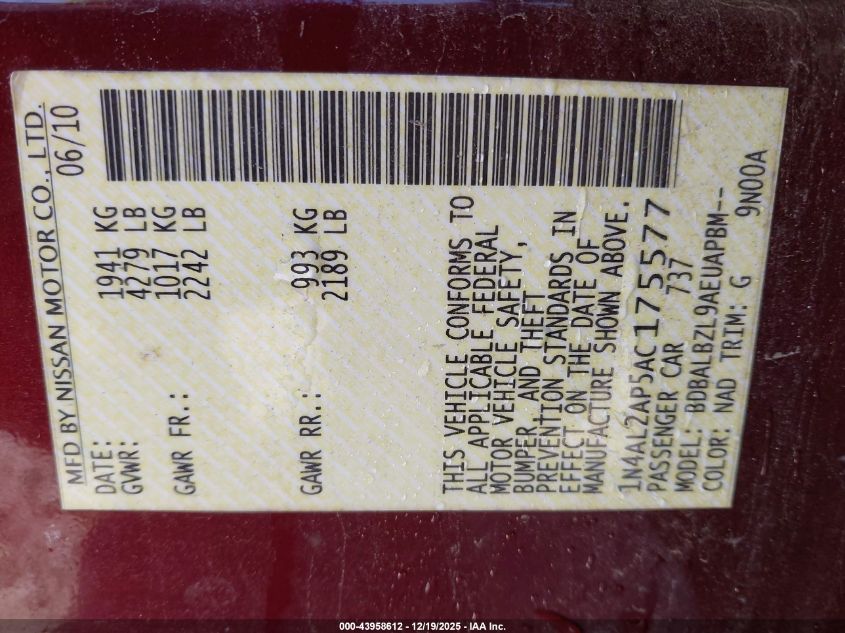 2010 Nissan Altima 2.5 S VIN: 1N4AL2AP5AC175577 Lot: 43958612