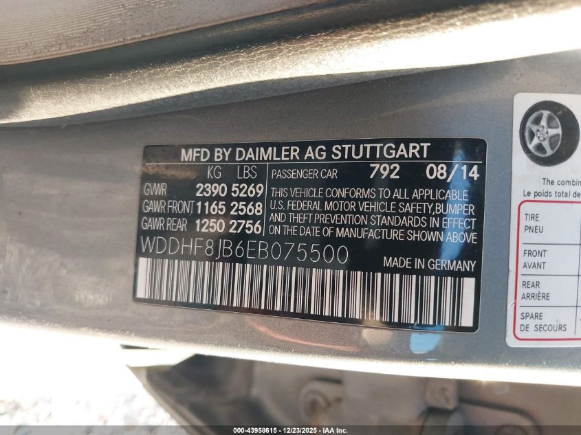 2014 Mercedes-Benz E 350 4Matic VIN: WDDHF8JB6EB075500 Lot: 43958615