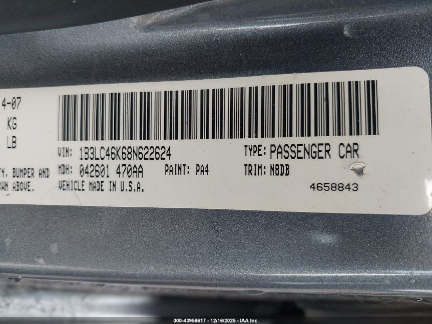 2008 Dodge Avenger Se VIN: 1B3LC46K68N622624 Lot: 43958617