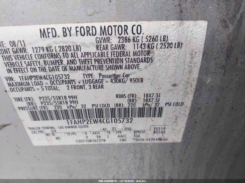 2012 Ford Taurus Sel VIN: 1FAHP2EW4CG105732 Lot: 43958618