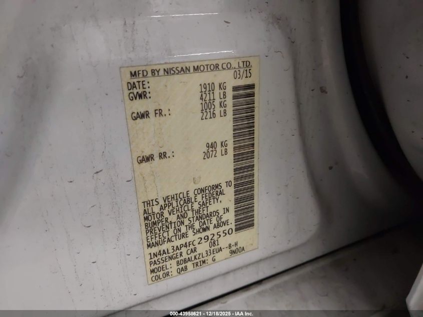 2015 Nissan Altima 2.5 Sv VIN: 1N4AL3AP4FC292550 Lot: 43958621