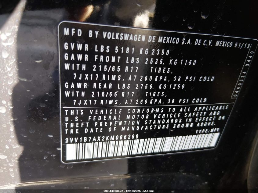 2019 Volkswagen Tiguan 2.0T S VIN: 3VV1B7AX2KM086299 Lot: 43958622
