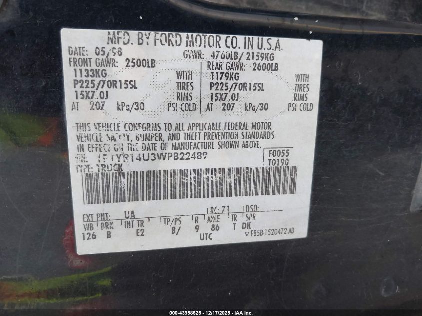 1998 Ford Ranger Splash/Xl/Xlt VIN: 1FTYR14U3WPB22489 Lot: 43958625