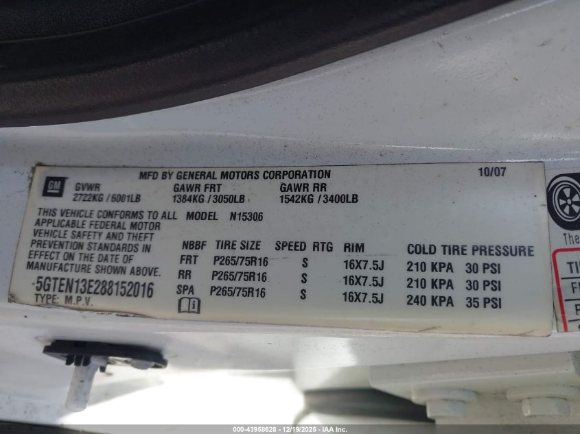 2008 Hummer H3 Suv VIN: 5GTEN13E288152016 Lot: 43958628