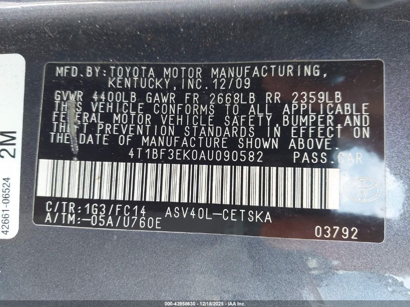 2010 Toyota Camry Se VIN: 4T1BF3EK0AU090582 Lot: 43958630