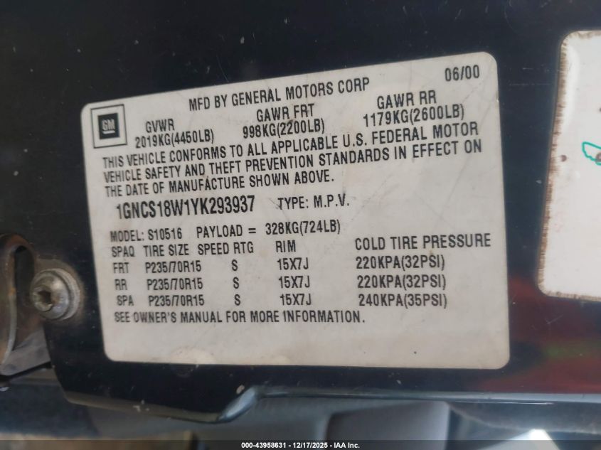 2000 Chevrolet Blazer Ls VIN: 1GNCS18W1YK293937 Lot: 43958631