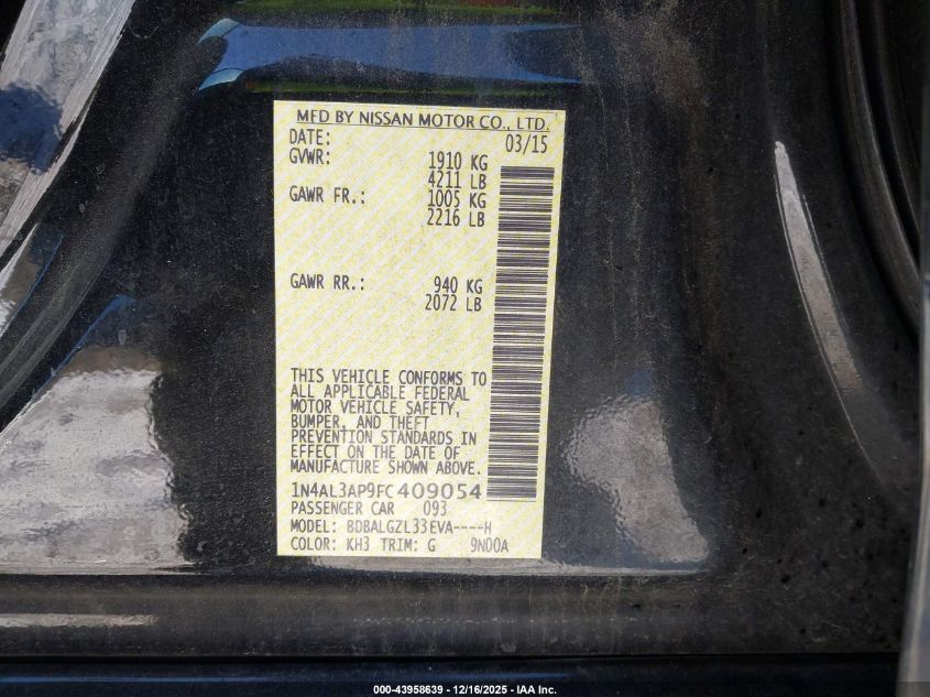 2015 Nissan Altima 2.5 S VIN: 1N4AL3AP9FC409054 Lot: 43958639