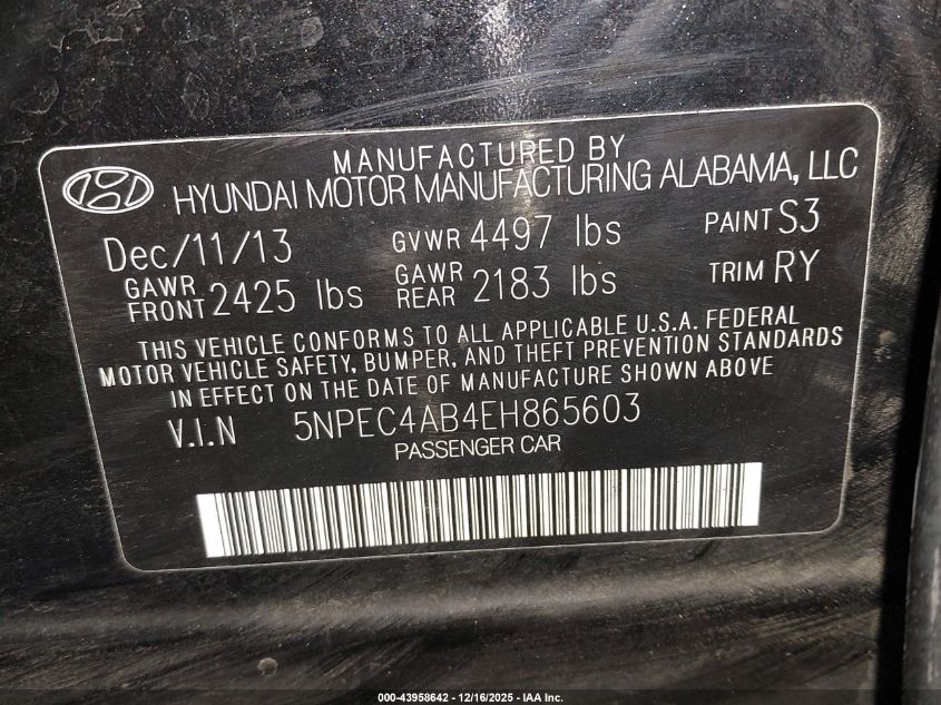 2014 Hyundai Sonata Limited 2.0T VIN: 5NPEC4AB4EH865603 Lot: 43958642