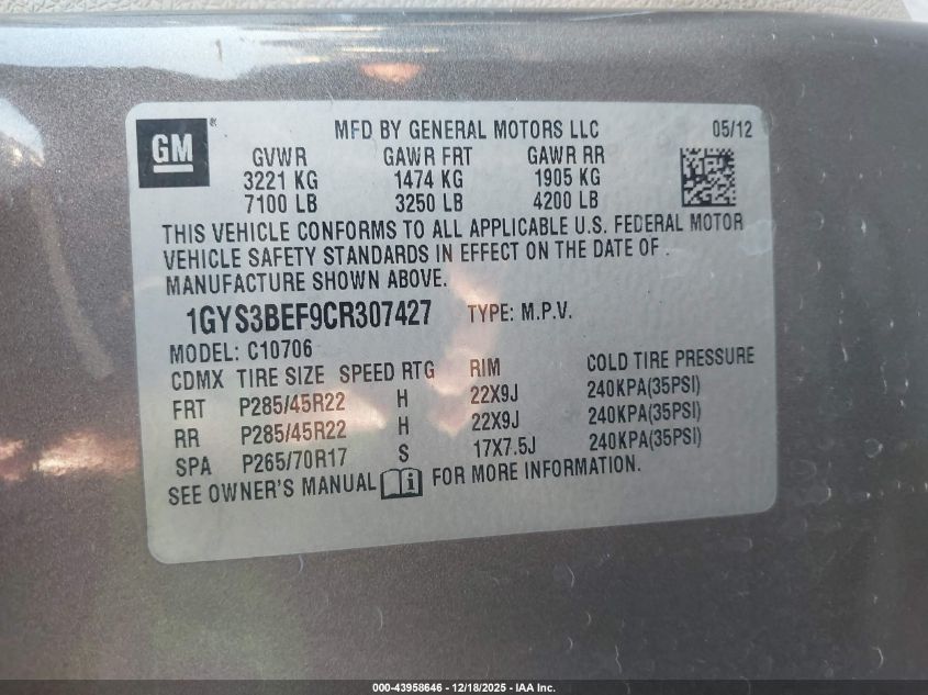 2012 Cadillac Escalade Luxury VIN: 1GYS3BEF9CR307427 Lot: 43958646