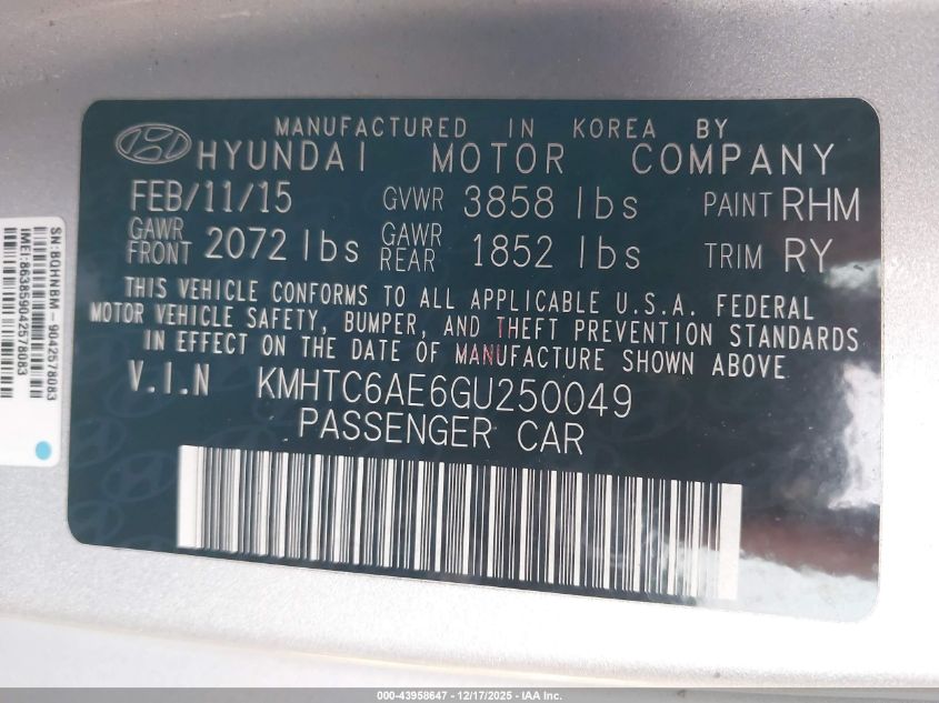 2016 Hyundai Veloster Turbo VIN: KMHTC6AE6GU250049 Lot: 43958647