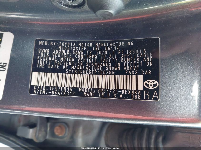 2014 Toyota Corolla Le VIN: 5YFBURHE6EP160396 Lot: 43958650