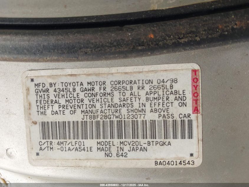 1998 Lexus Es 300 VIN: JT8BF28G7W0123077 Lot: 43958653