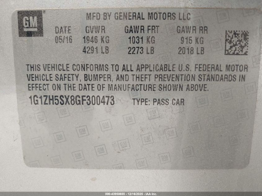 2016 Chevrolet Malibu Premier VIN: 1G1ZH5SX8GF300473 Lot: 43958655