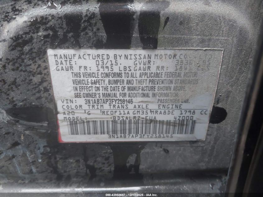 2015 Nissan Sentra Sr VIN: 3N1AB7AP3FY258145 Lot: 43958657