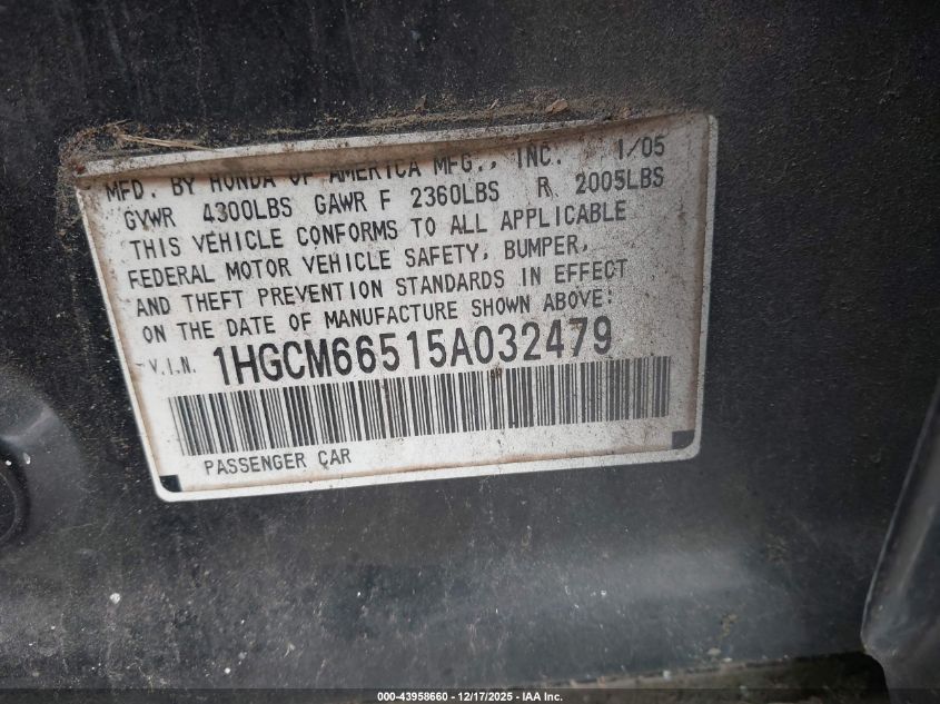 2005 Honda Accord 3.0 Ex VIN: 1HGCM66515A032479 Lot: 43958660