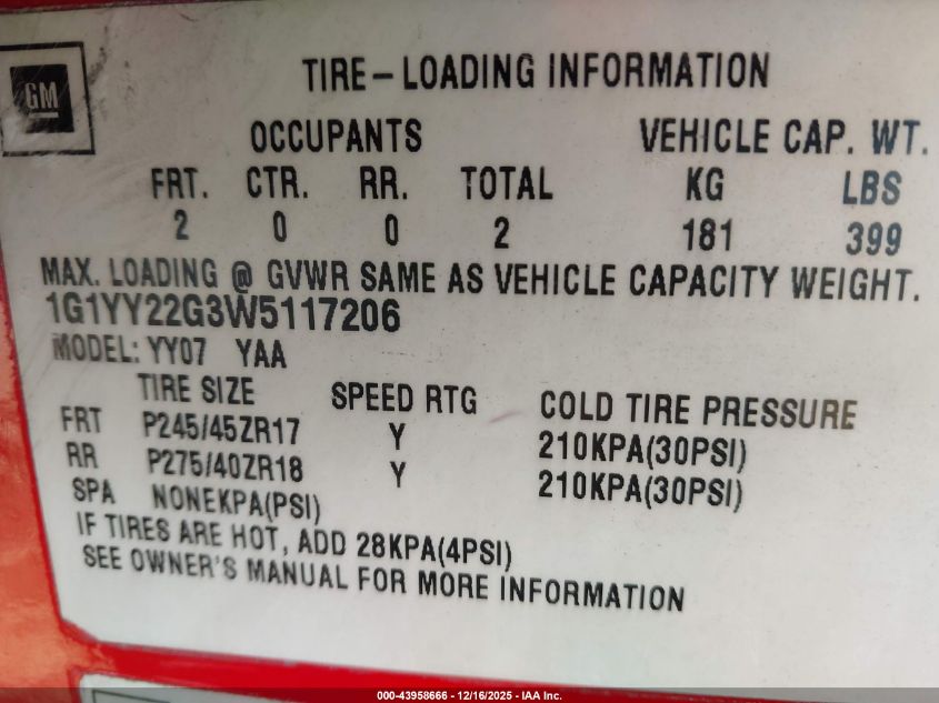 1998 Chevrolet Corvette VIN: 1G1YY22G3W5117206 Lot: 43958666