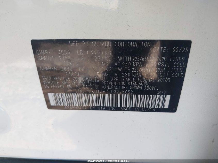 2025 Subaru Outback Premium VIN: 4S4BTAFC9S3225652 Lot: 43958675
